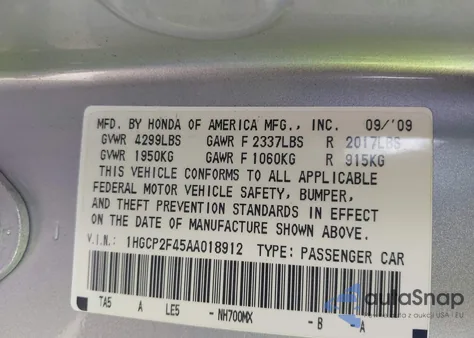 2010 Honda Accord 2.4 Lx-P from USA, damaged, VIN 1HGCP2F45AA018912